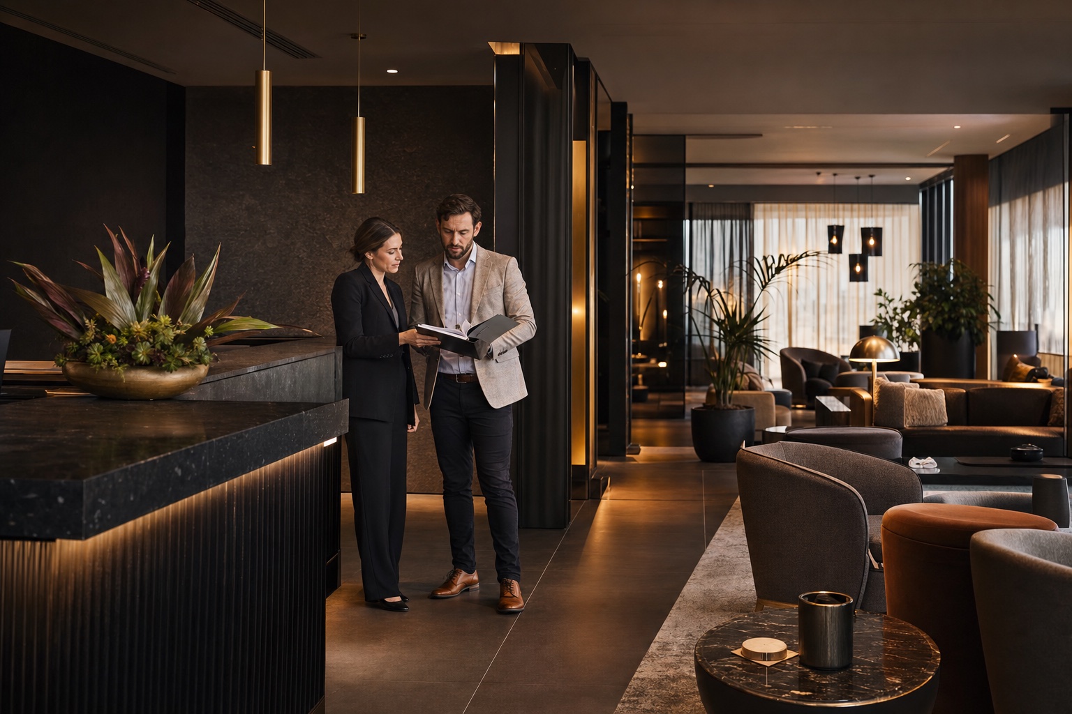 Hospitality and fit-out professionals reviewing a commercial hotel project