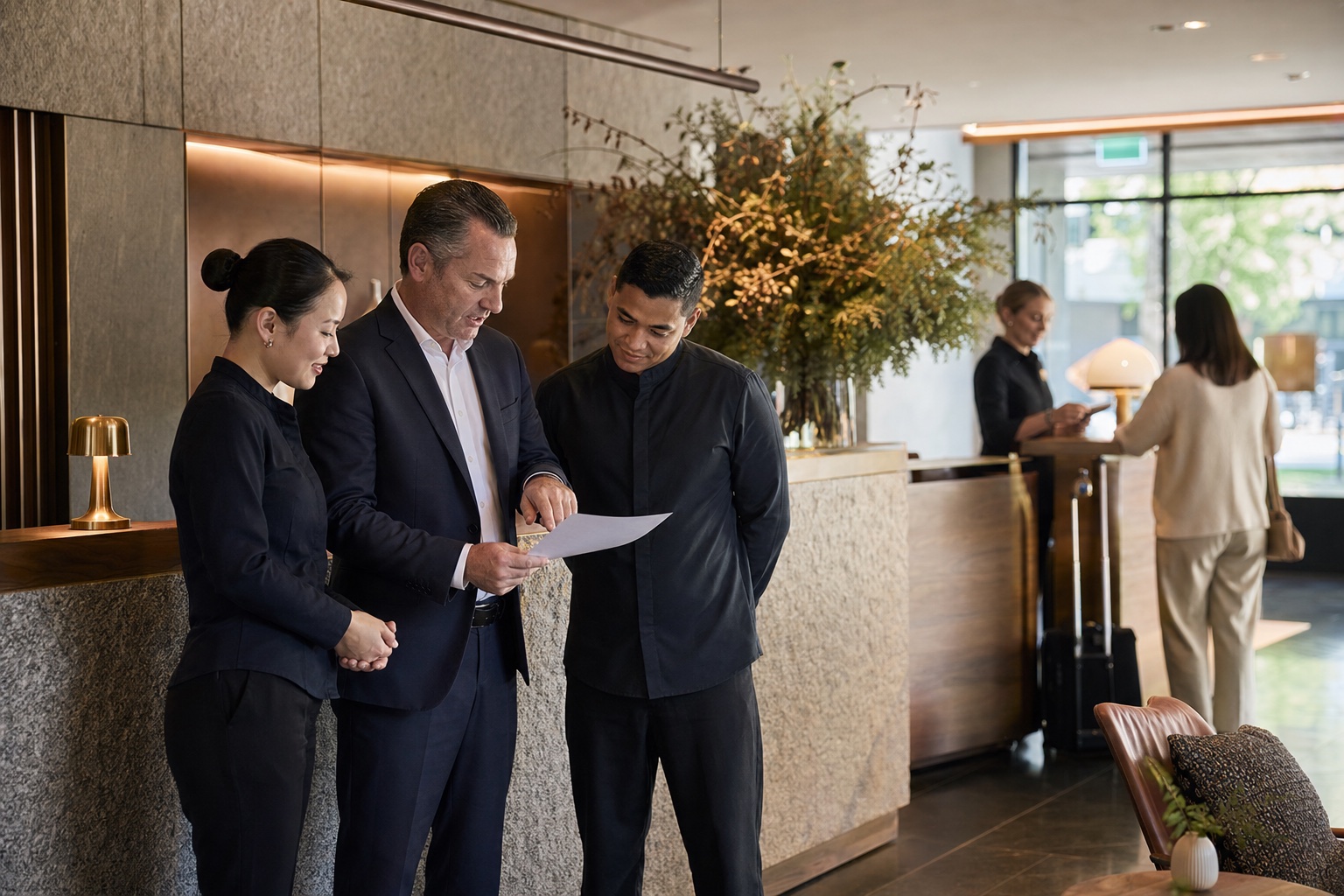 Hospitality manager working with a hotel front-office team
