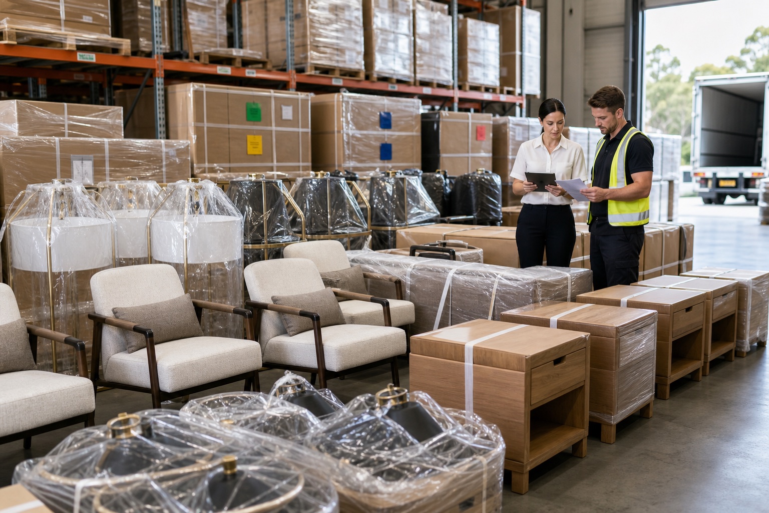 Hospitality furniture and lighting coordinated inside a commercial warehouse